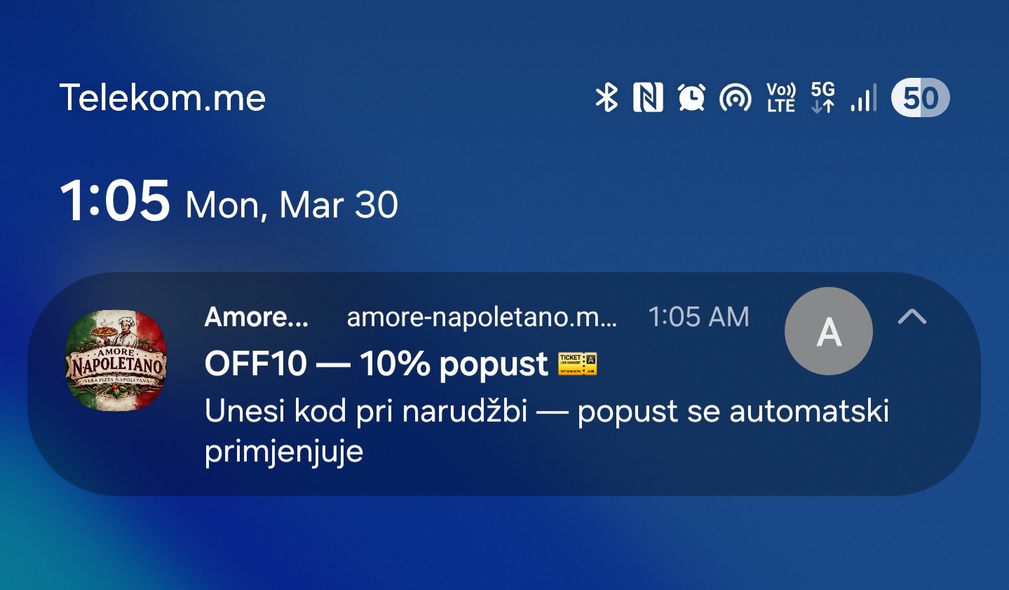 Push notifikacija — promo kod popust